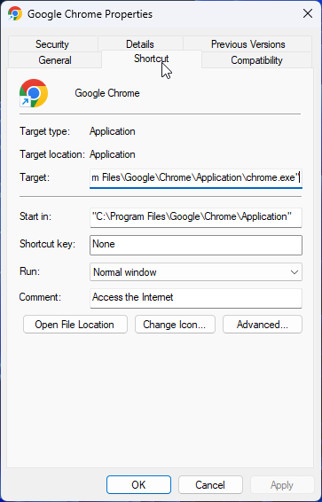 Click on the Shortcut tab How to Turn Off Efficiency Mode for Google Chrome in Windows 11